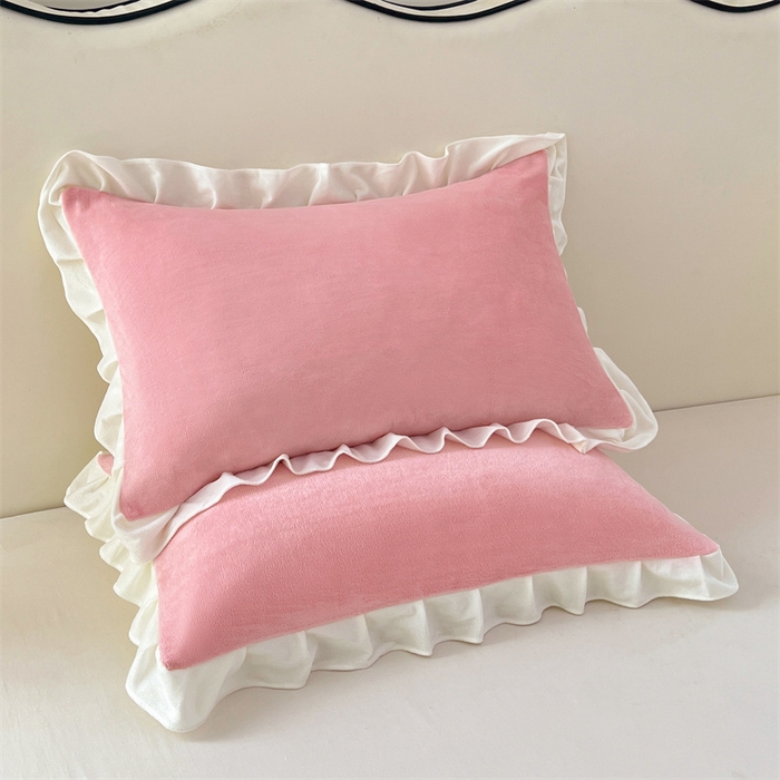 91家纺网 家纺一手货源 找家纺 梦舒羽 2025A类新款牛奶绒花枕套边单人宿舍法兰绒枕头套珊瑚绒枕芯套 西柚粉