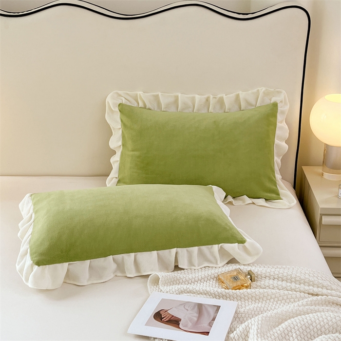 91家纺网 家纺一手货源 找家纺 梦舒羽 2025A类新款牛奶绒花枕套边单人宿舍法兰绒枕头套珊瑚绒枕芯套 青草绿