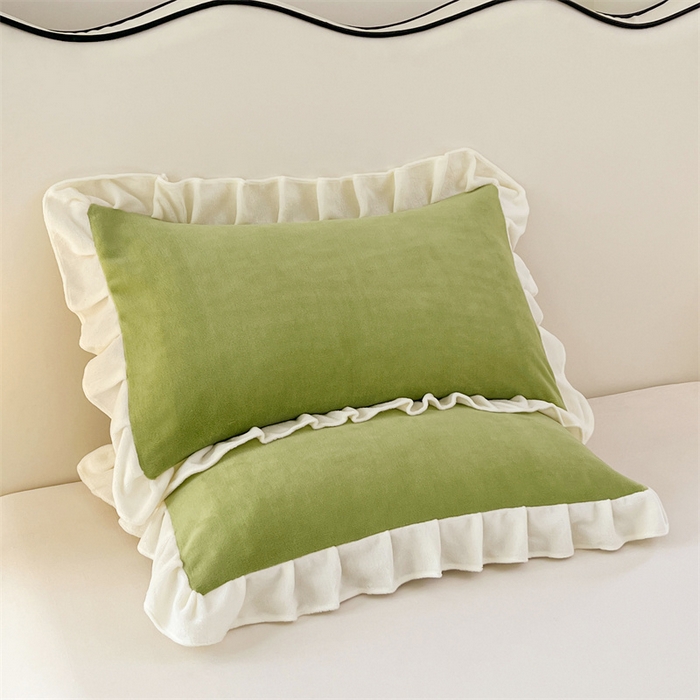 91家纺网 家纺一手货源 找家纺 梦舒羽 2025A类新款牛奶绒花枕套边单人宿舍法兰绒枕头套珊瑚绒枕芯套 青草绿