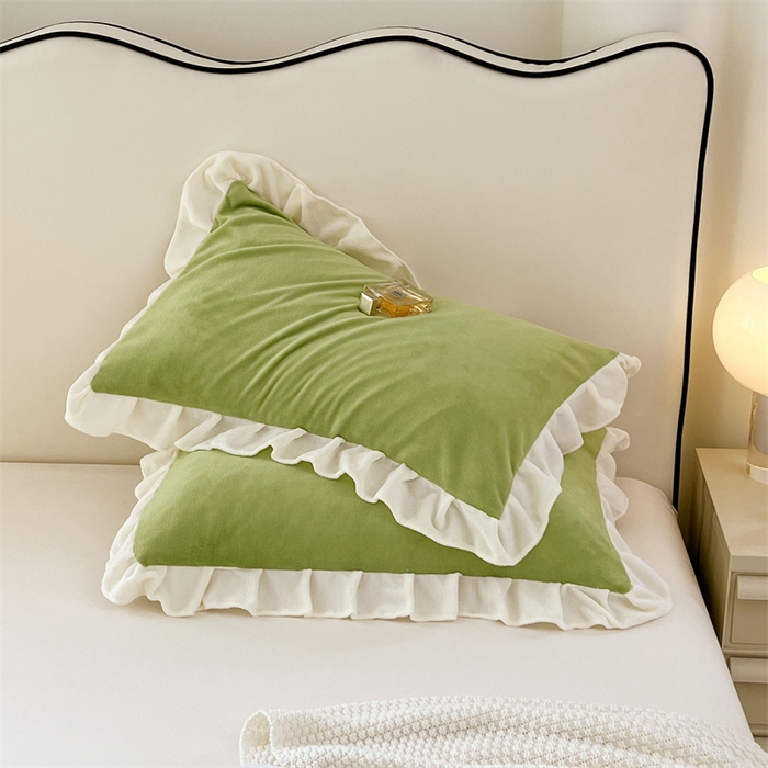 91家纺网 家纺一手货源 找家纺 梦舒羽 2025A类新款牛奶绒花枕套边单人宿舍法兰绒枕头套珊瑚绒枕芯套 青草绿