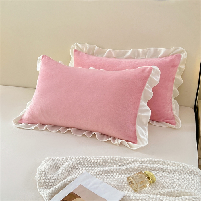 91家纺网 家纺一手货源 找家纺 梦舒羽 2025A类新款牛奶绒花枕套边单人宿舍法兰绒枕头套珊瑚绒枕芯套 西柚粉