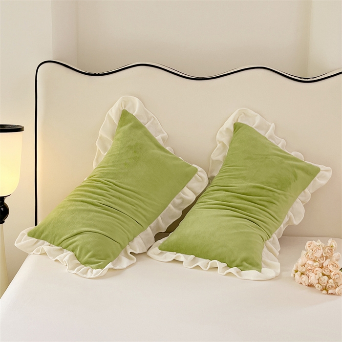 91家纺网 家纺一手货源 找家纺 梦舒羽 2025A类新款牛奶绒花枕套边单人宿舍法兰绒枕头套珊瑚绒枕芯套 青草绿