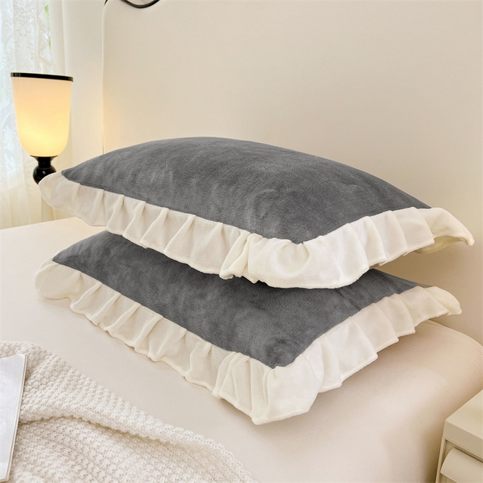 梦舒羽 2025A类新款牛奶绒花枕套边单人宿舍法兰绒枕头套珊瑚绒枕芯套 经典灰