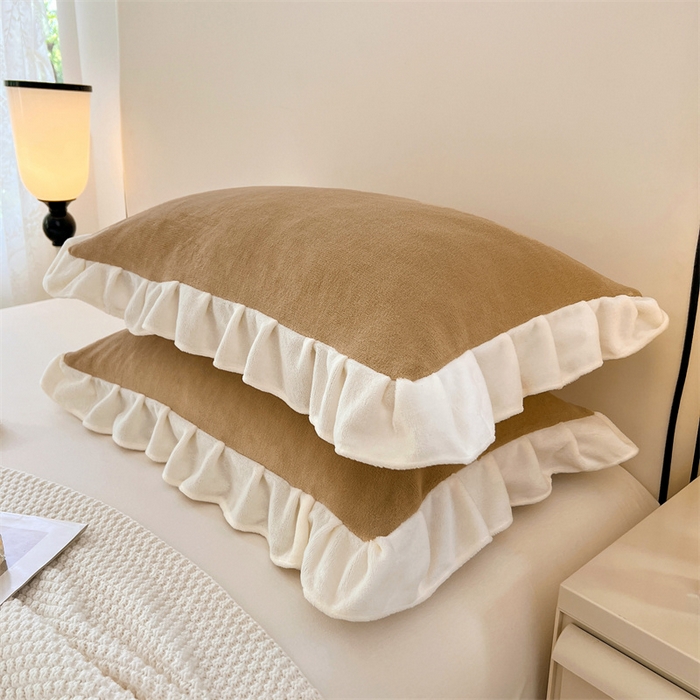 梦舒羽 2025A类新款牛奶绒花枕套边单人宿舍法兰绒枕头套珊瑚绒枕芯套 暖咖