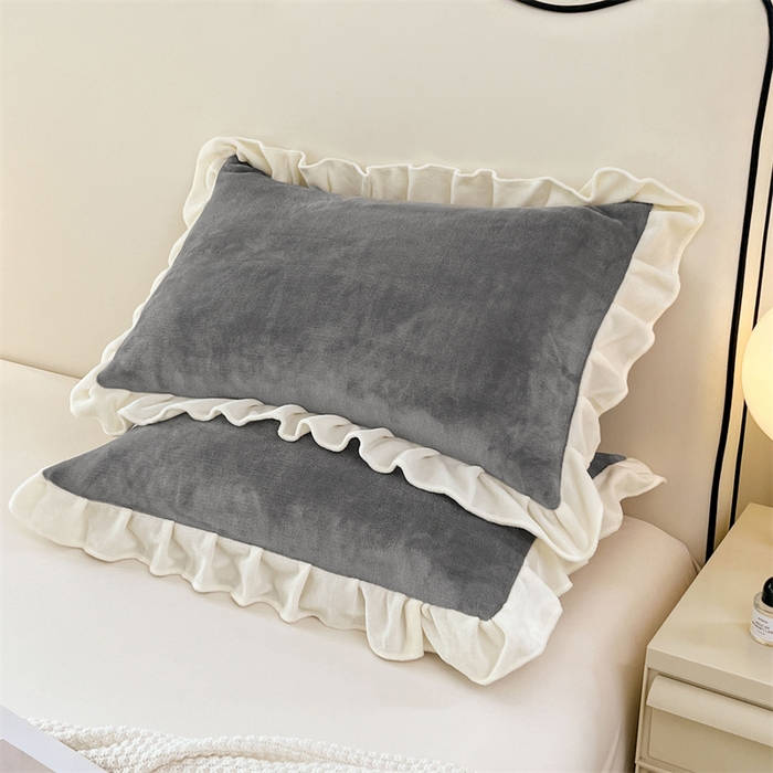 91家纺网 家纺一手货源 找家纺 梦舒羽 2025A类新款牛奶绒花枕套边单人宿舍法兰绒枕头套珊瑚绒枕芯套 经典灰