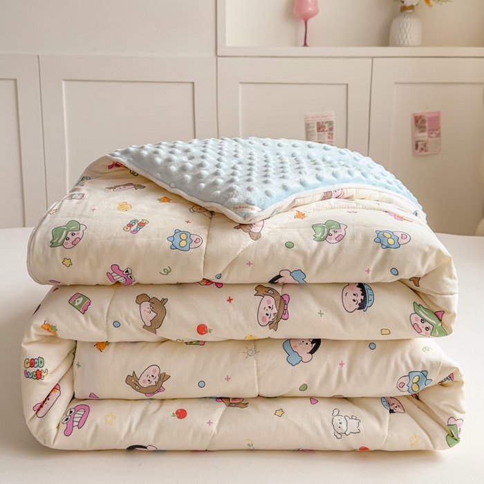 91家纺网 家纺一手货源 找家纺 青螺家纺 2025新款高密全棉嵌绳宝宝绒春秋豆豆被 支持定制花色和冬被 有量来门市优惠 调皮小新