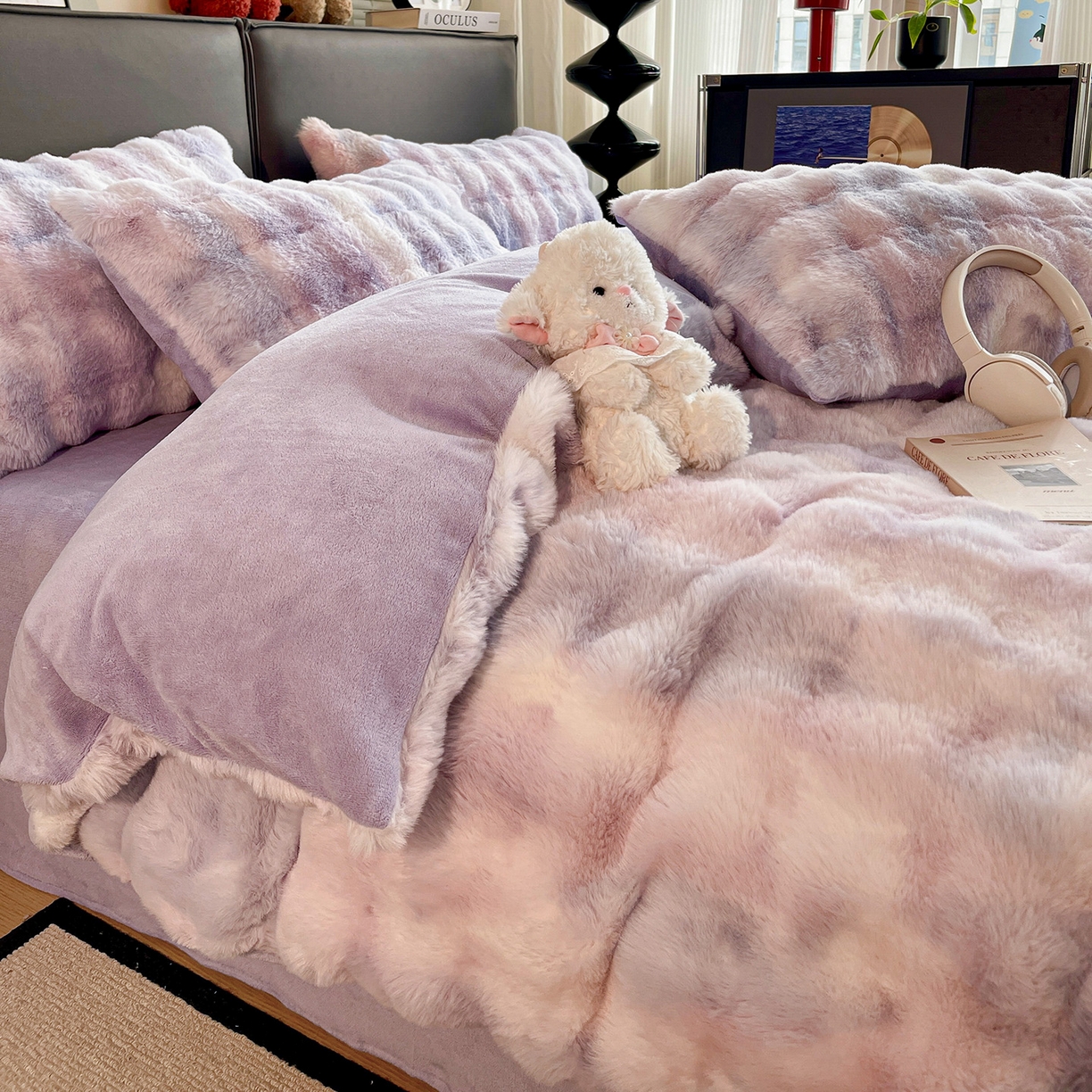 91家纺网 家纺一手货源 找家纺 凯洛奇 2025新款兔毛绒四件套牛奶绒四件套大泡泡兔毛四件套 迷雾幻境-紫