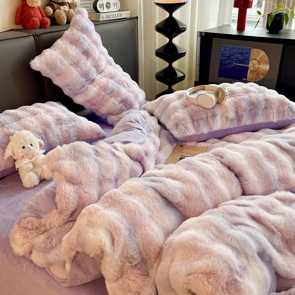91家纺网 家纺一手货源 找家纺 凯洛奇 2025新款兔毛绒四件套牛奶绒四件套大泡泡兔毛四件套 迷雾幻境-紫