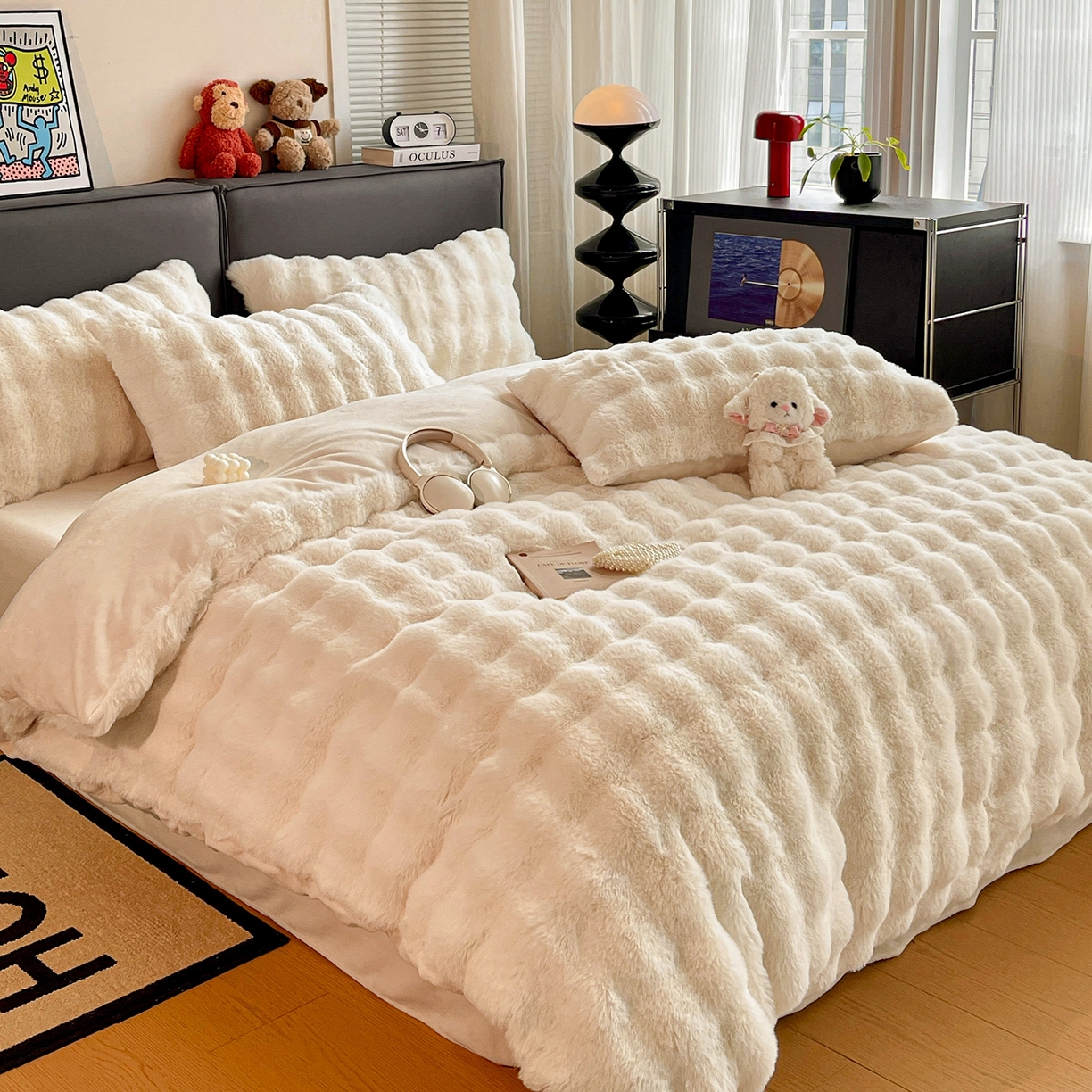 91家纺网 家纺一手货源 找家纺 凯洛奇 2025新款兔毛绒四件套牛奶绒四件套大泡泡兔毛四件套 奶油白