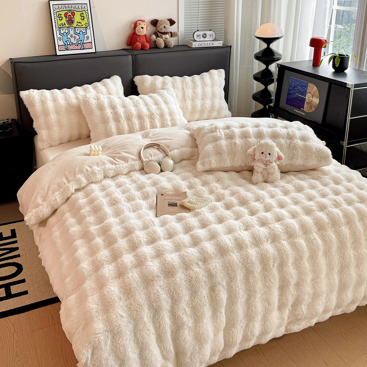 91家纺网 家纺一手货源 找家纺 凯洛奇 2025新款兔毛绒四件套牛奶绒四件套大泡泡兔毛四件套 奶油白