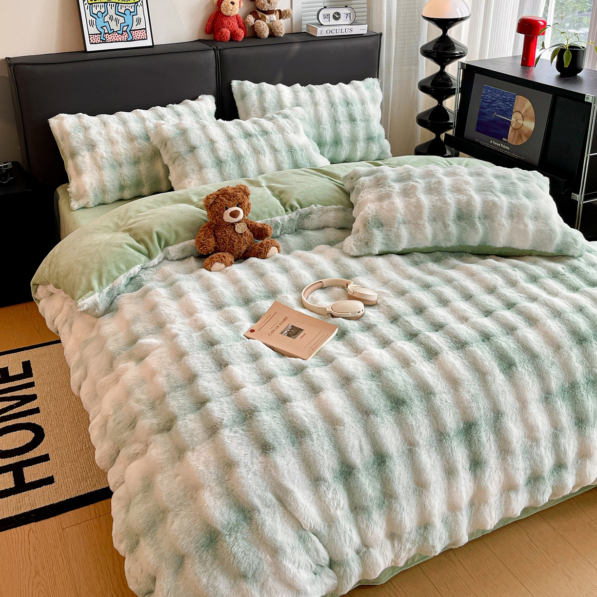 91家纺网 家纺一手货源 找家纺 凯洛奇 2025新款兔毛绒四件套牛奶绒四件套大泡泡兔毛四件套 迷雾幻境-绿