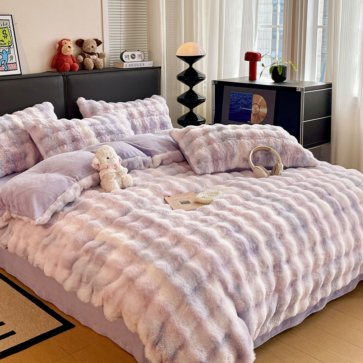 91家纺网 家纺一手货源 找家纺 凯洛奇 2025新款兔毛绒四件套牛奶绒四件套大泡泡兔毛四件套 迷雾幻境-紫