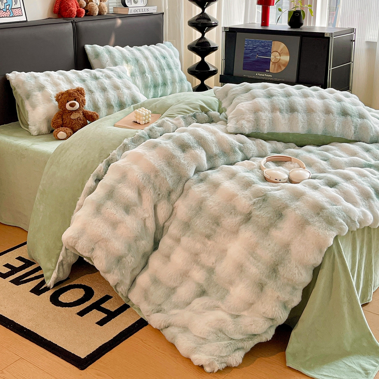 91家纺网 家纺一手货源 找家纺 凯洛奇 2025新款兔毛绒四件套牛奶绒四件套大泡泡兔毛四件套 迷雾幻境-绿