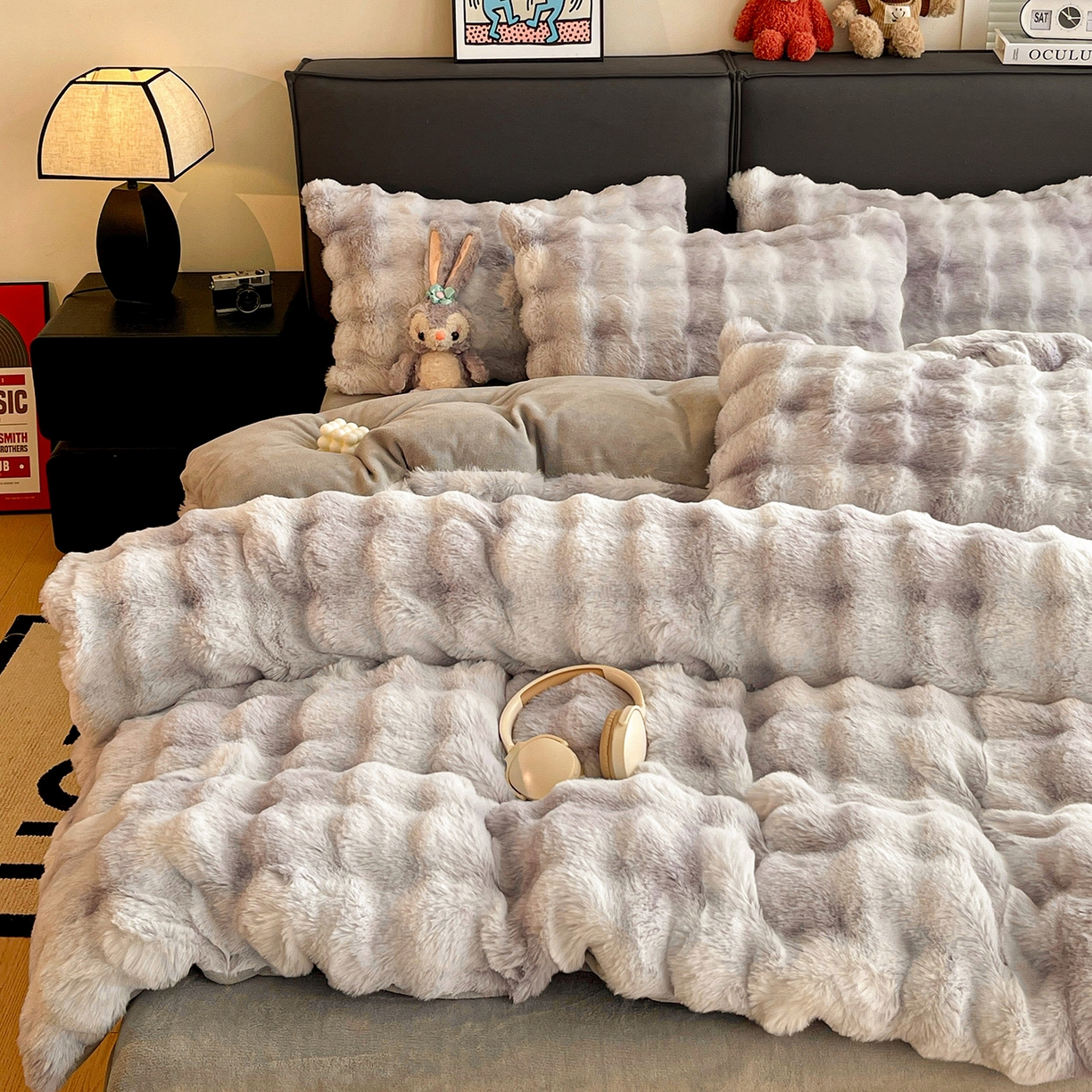 凯洛奇 2025新款兔毛绒四件套牛奶绒四件套大泡泡兔毛四件套 迷雾幻境-灰