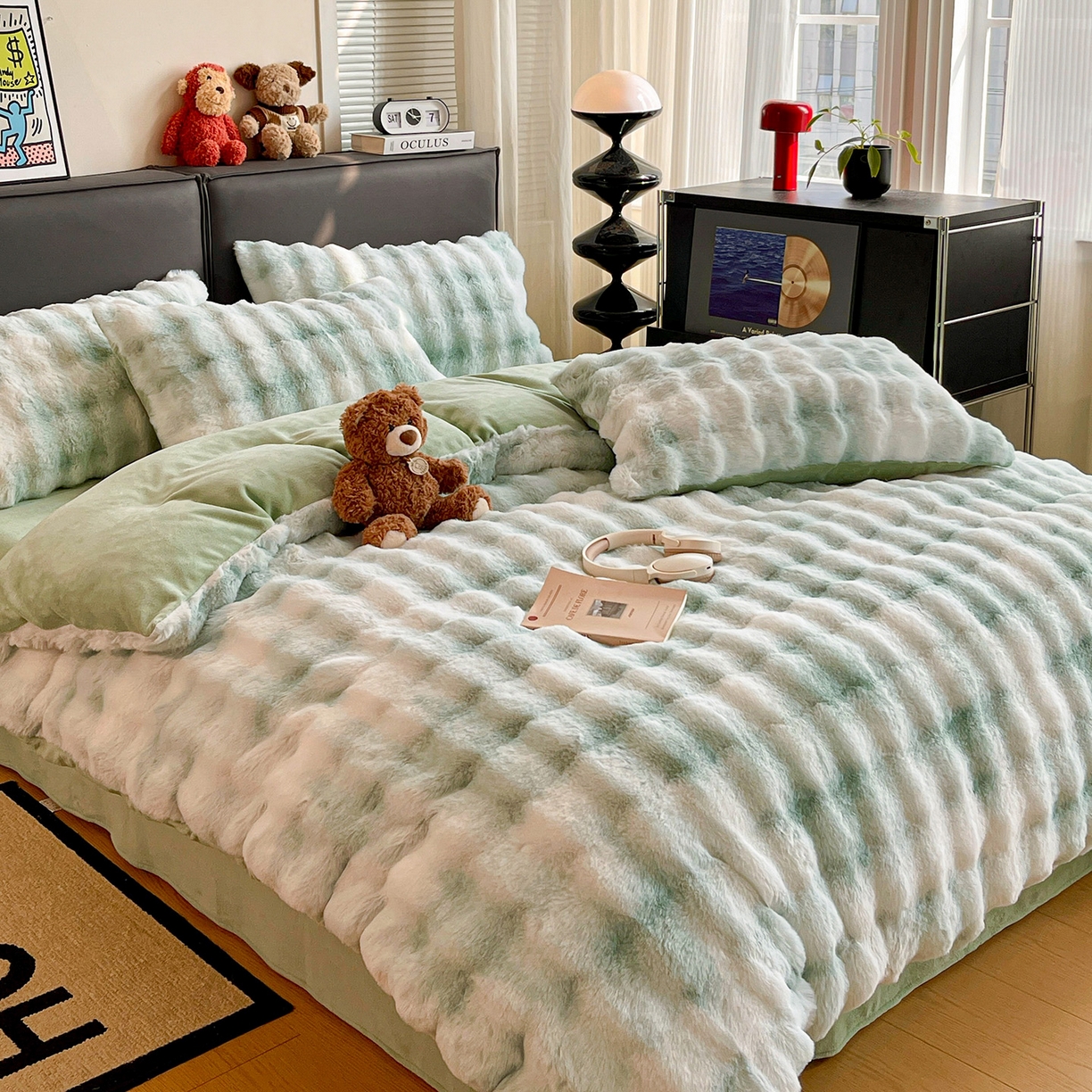 91家纺网 家纺一手货源 找家纺 凯洛奇 2025新款兔毛绒四件套牛奶绒四件套大泡泡兔毛四件套 迷雾幻境-绿