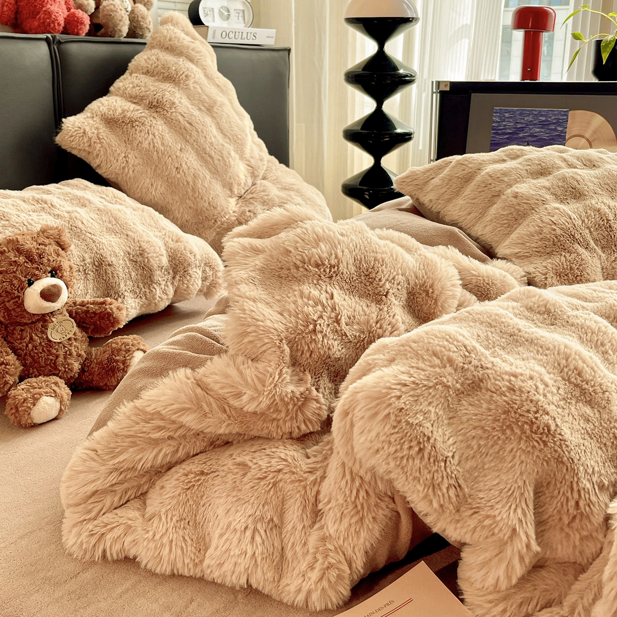 91家纺网 家纺一手货源 找家纺 凯洛奇 2025新款兔毛绒四件套牛奶绒四件套大泡泡兔毛四件套 浅卡其