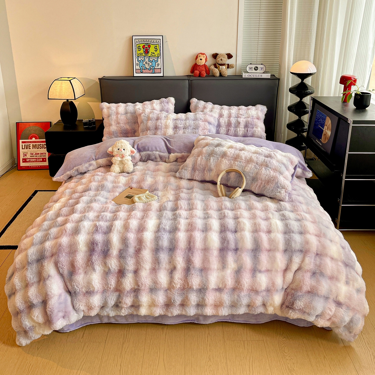 91家纺网 家纺一手货源 找家纺 凯洛奇 2025新款兔毛绒四件套牛奶绒四件套大泡泡兔毛四件套 迷雾幻境-紫