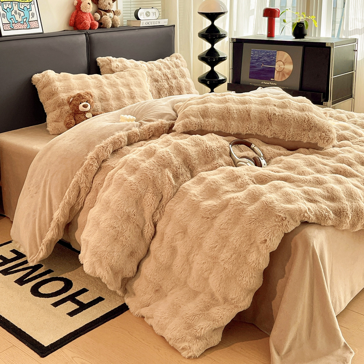 91家纺网 家纺一手货源 找家纺 凯洛奇 2025新款兔毛绒四件套牛奶绒四件套大泡泡兔毛四件套 浅卡其