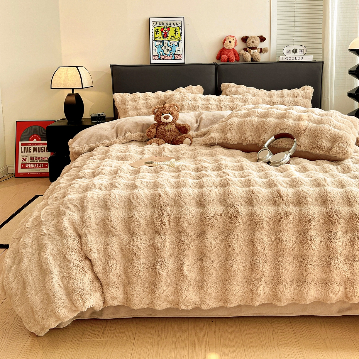 91家纺网 家纺一手货源 找家纺 凯洛奇 2025新款兔毛绒四件套牛奶绒四件套大泡泡兔毛四件套 浅卡其