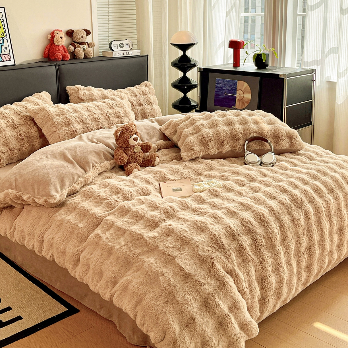 91家纺网 家纺一手货源 找家纺 凯洛奇 2025新款兔毛绒四件套牛奶绒四件套大泡泡兔毛四件套 浅卡其