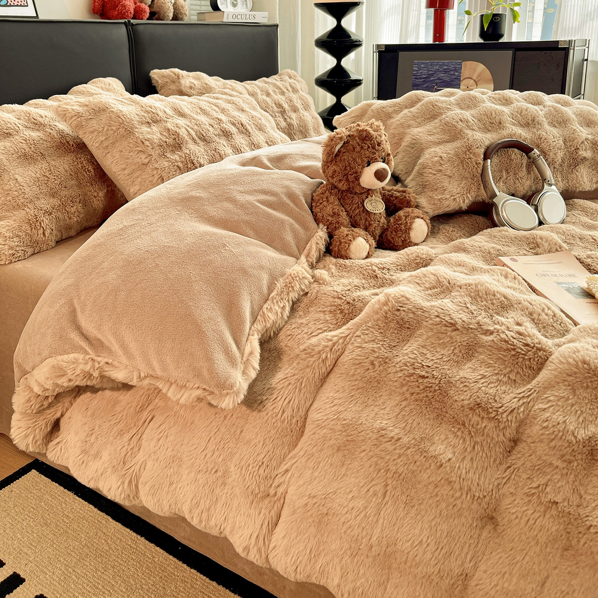 91家纺网 家纺一手货源 找家纺 凯洛奇 2025新款兔毛绒四件套牛奶绒四件套大泡泡兔毛四件套 浅卡其