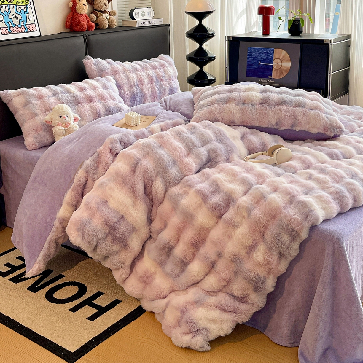 91家纺网 家纺一手货源 找家纺 凯洛奇 2025新款兔毛绒四件套牛奶绒四件套大泡泡兔毛四件套 迷雾幻境-紫