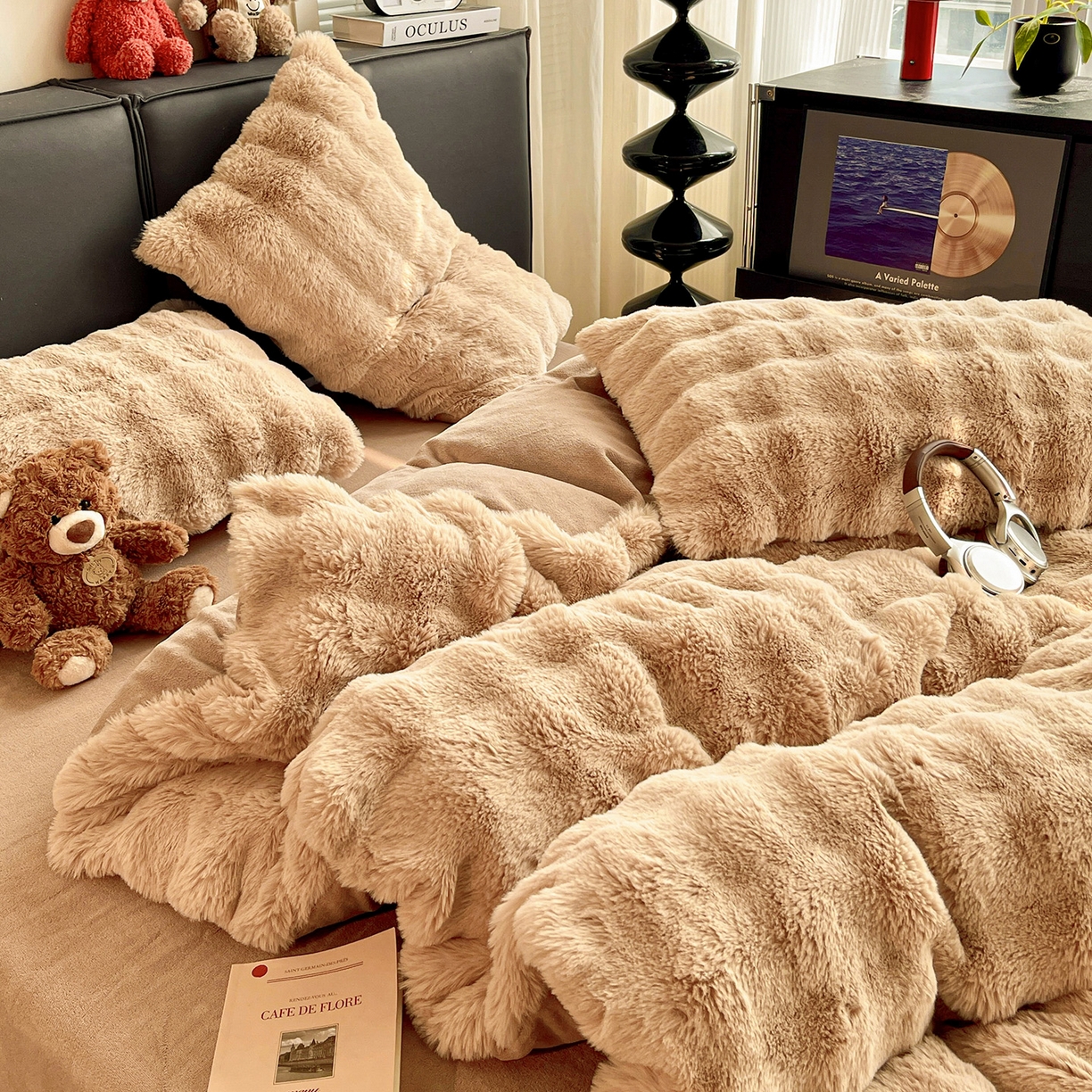 91家纺网 家纺一手货源 找家纺 凯洛奇 2025新款兔毛绒四件套牛奶绒四件套大泡泡兔毛四件套 浅卡其