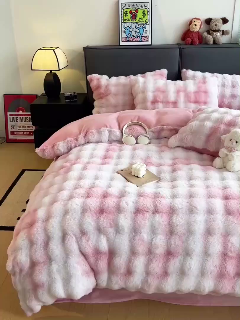 91家纺网 家纺一手货源 找家纺 （总）凯洛奇 2025新款兔毛绒四件套牛奶绒四件套大泡泡兔毛四件套