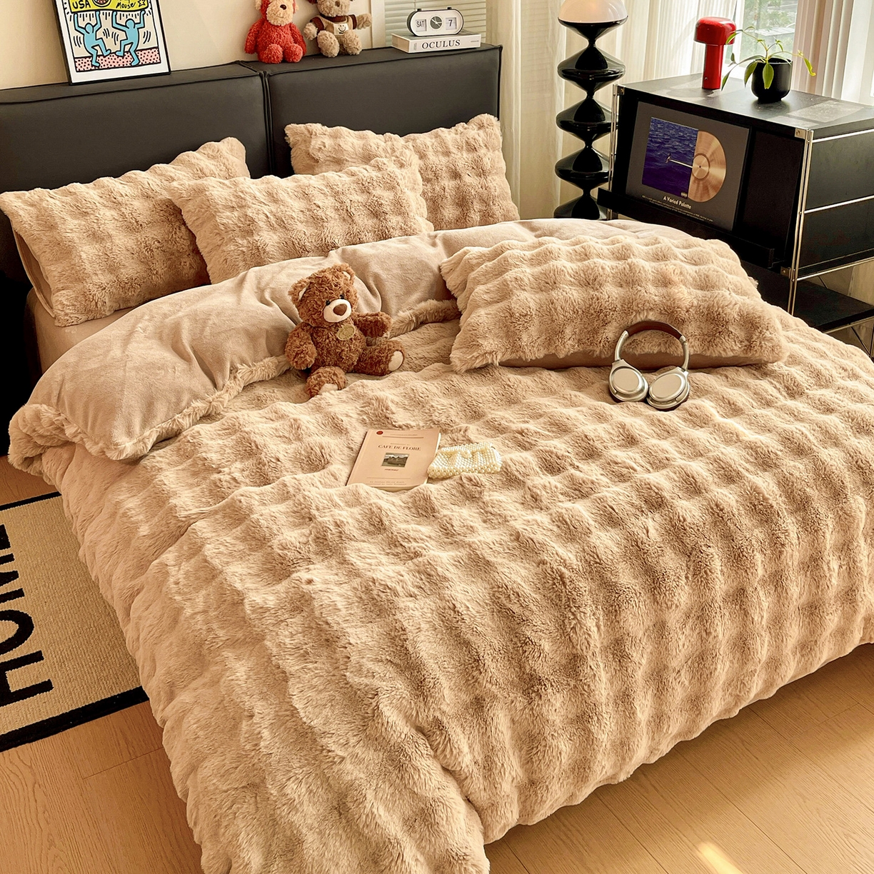 91家纺网 家纺一手货源 找家纺 凯洛奇 2025新款兔毛绒四件套牛奶绒四件套大泡泡兔毛四件套 浅卡其