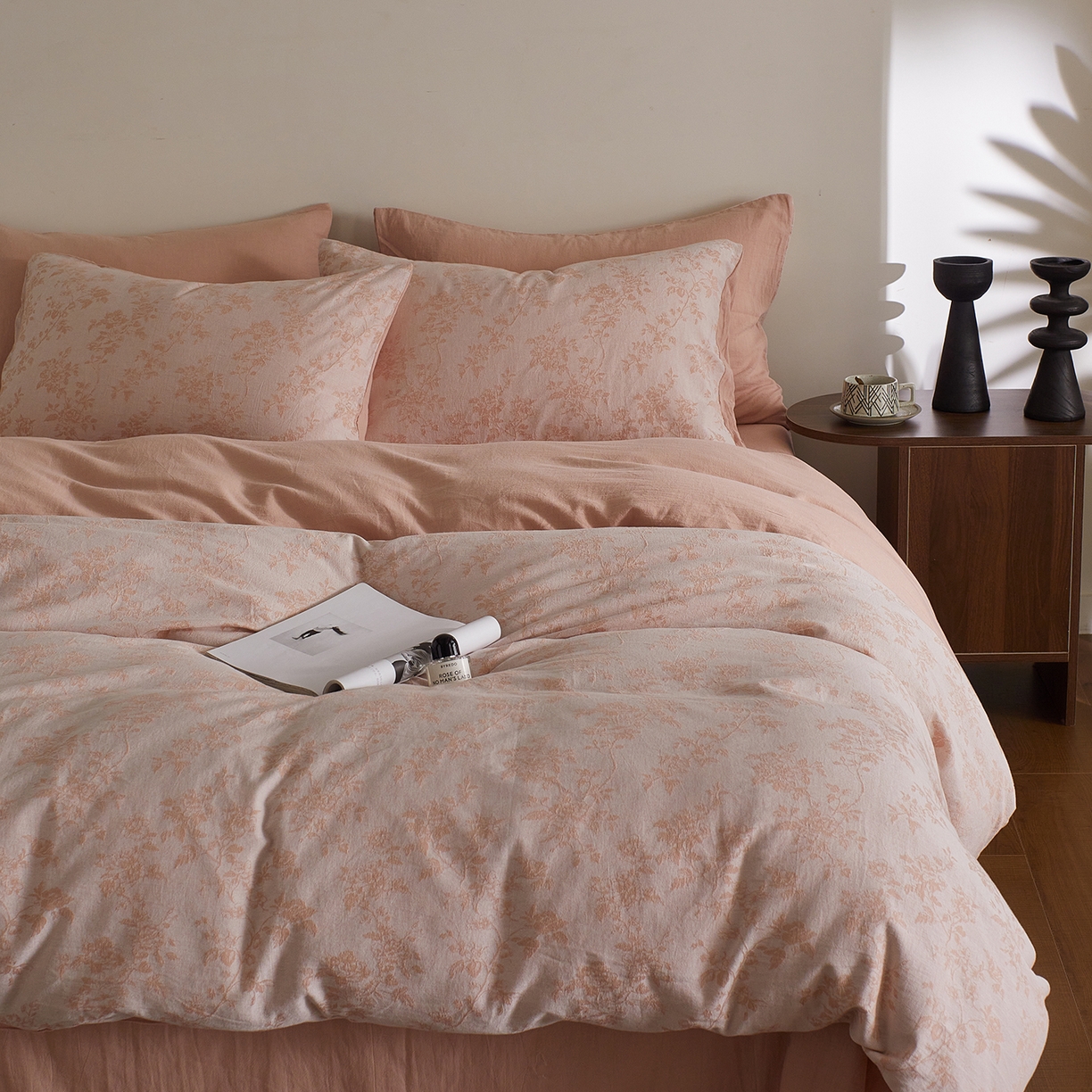 91家纺网 家纺一手货源 找家纺 XIWEN-希文家纺 2025新款秋冬60支全棉水洗色织大提花四件套 暮色粉