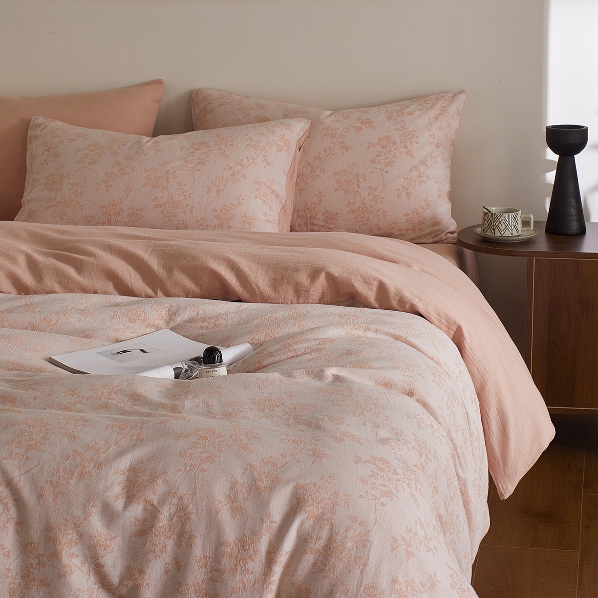 91家纺网 家纺一手货源 找家纺 XIWEN-希文家纺 2025新款秋冬60支全棉水洗色织大提花四件套 暮色粉