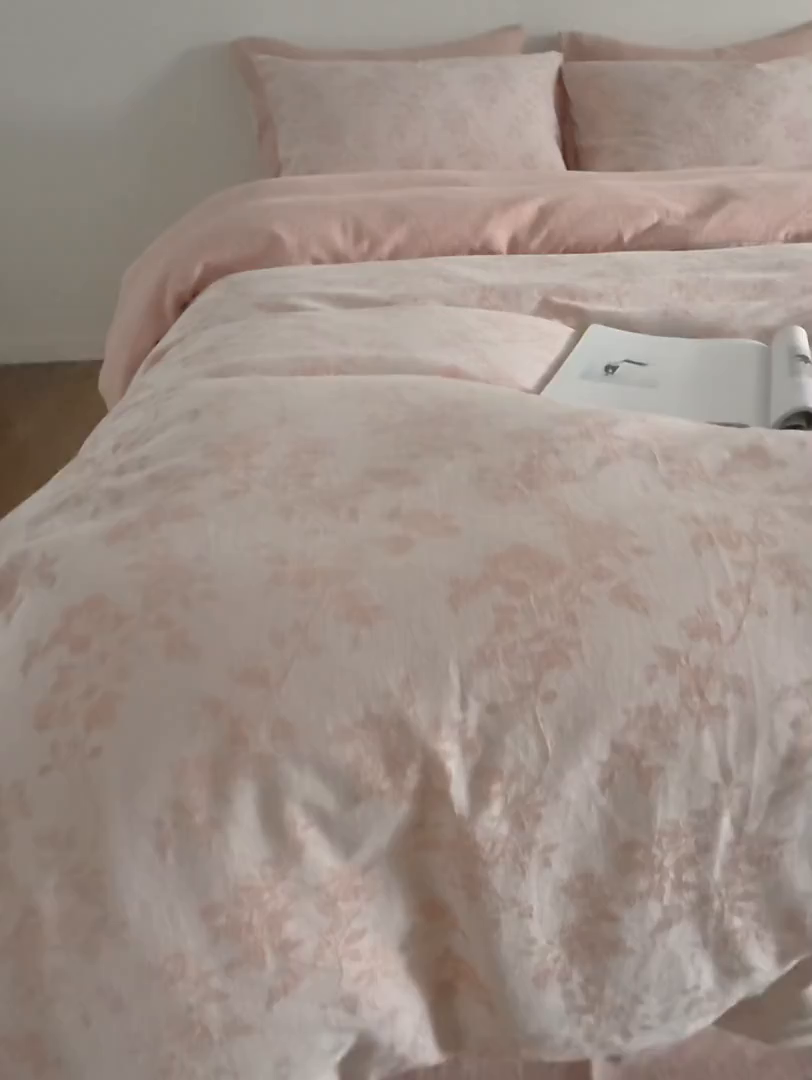 91家纺网 家纺一手货源 找家纺 XIWEN-希文家纺 2025新款秋冬60支全棉水洗色织大提花四件套 暮色粉