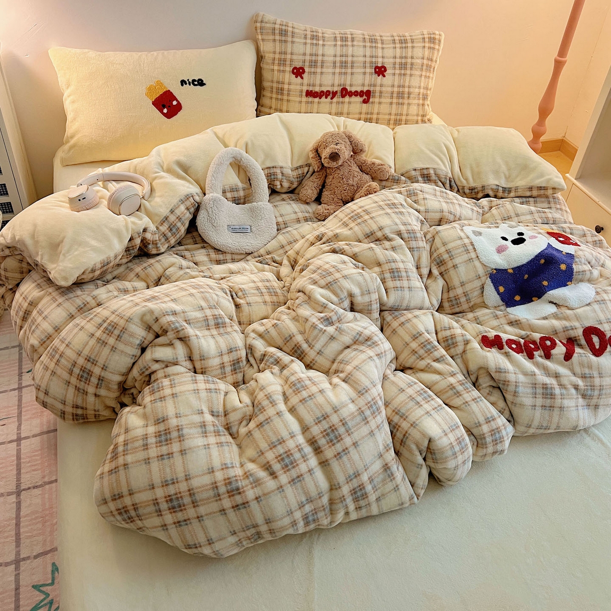 盼季家纺 2025新款卡通毛巾绣牛奶绒保暖四件套 牛奶绒毛巾绣-薯条小熊