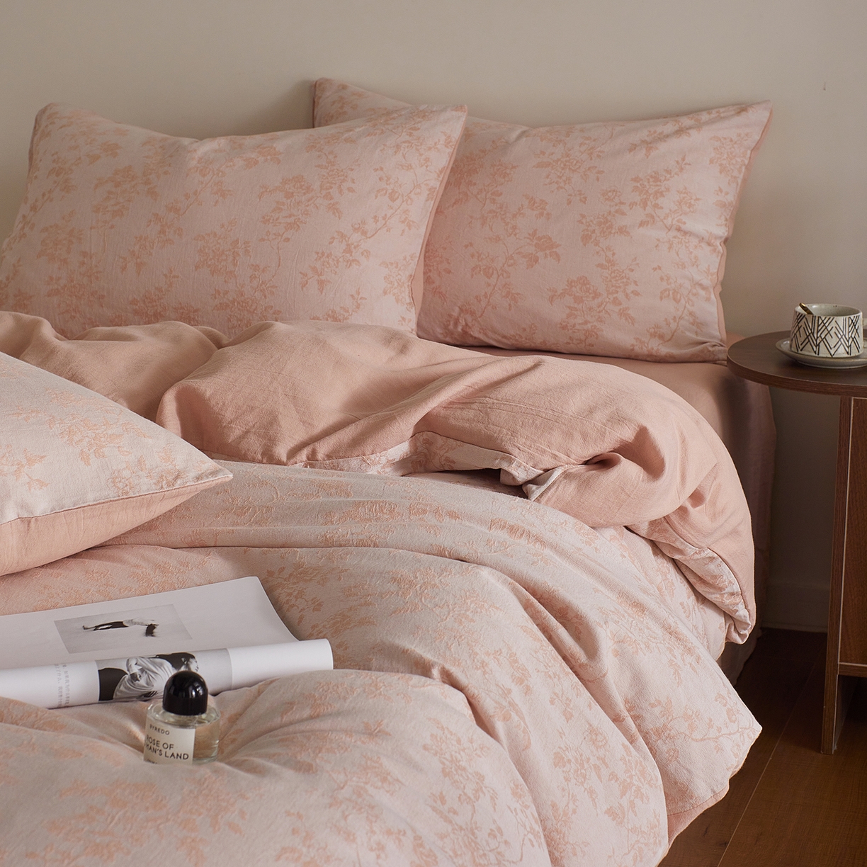 91家纺网 家纺一手货源 找家纺 XIWEN-希文家纺 2025新款秋冬60支全棉水洗色织大提花四件套 暮色粉