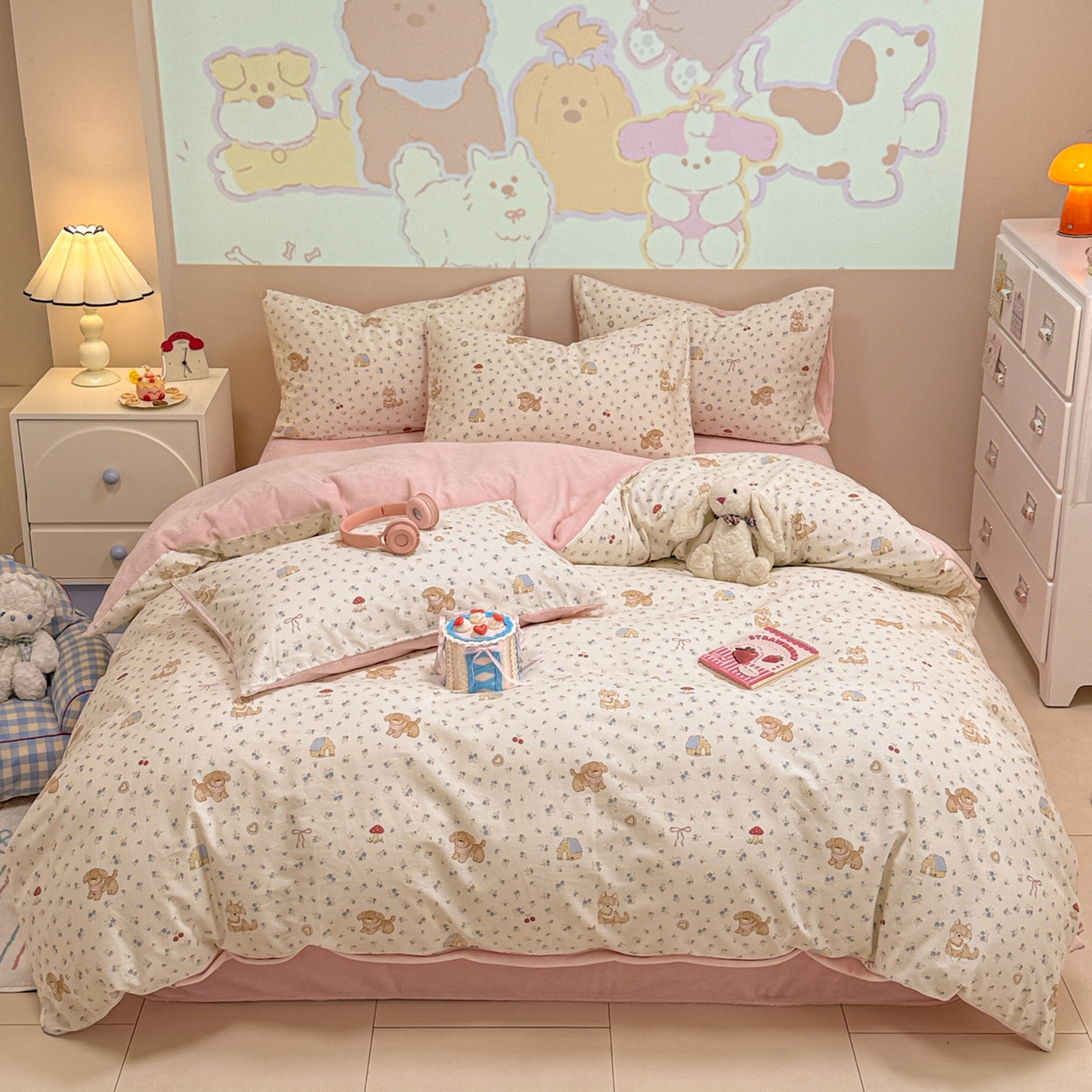 呗旺鹿 2025新款卡通棉+牛奶绒四件套系列 蘑菇狗