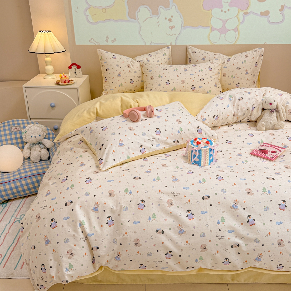 91家纺网 家纺一手货源 找家纺 呗旺鹿 2025新款卡通棉+牛奶绒四件套系列 QQ乐园