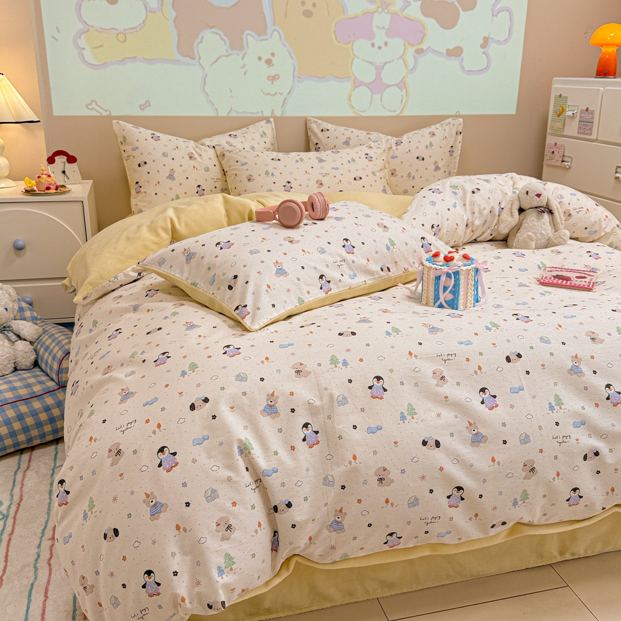 91家纺网 家纺一手货源 找家纺 呗旺鹿 2025新款卡通棉+牛奶绒四件套系列 QQ乐园