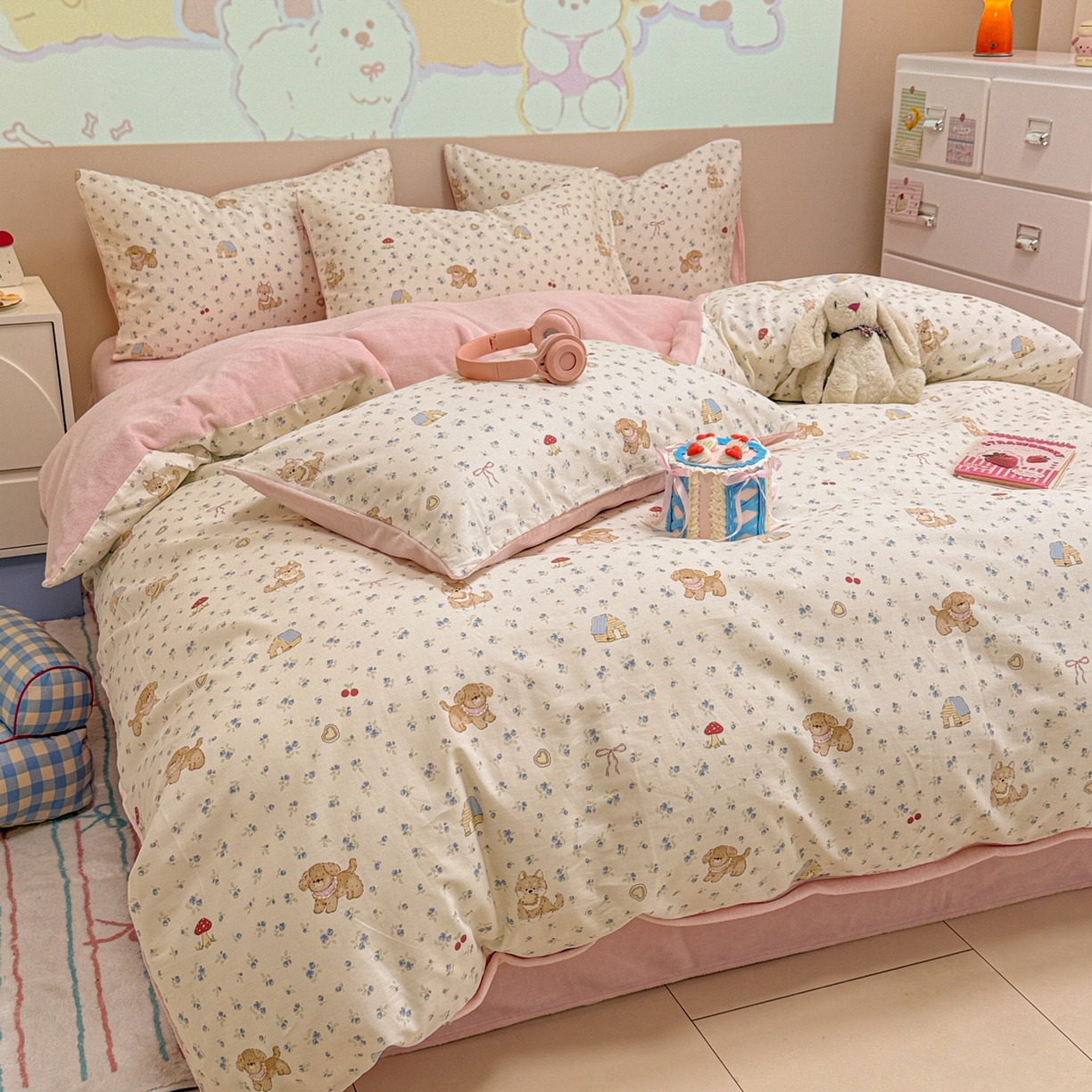 91家纺网 家纺一手货源 找家纺 呗旺鹿 2025新款卡通棉+牛奶绒四件套系列 蘑菇狗