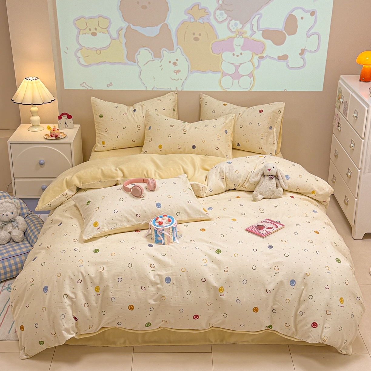 呗旺鹿 2025新款卡通棉+牛奶绒四件套系列 多彩笑脸
