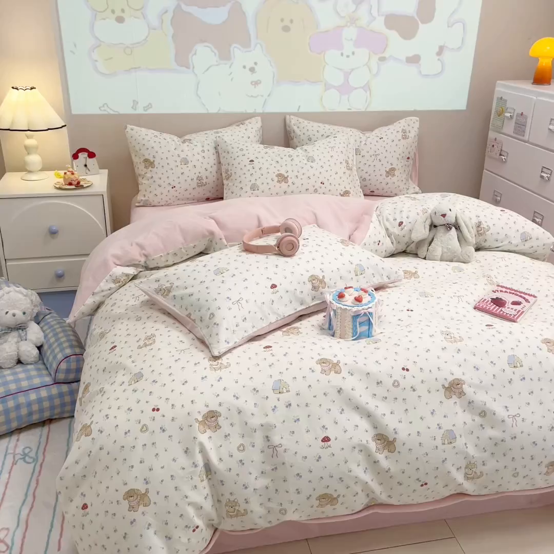 91家纺网 家纺一手货源 找家纺 呗旺鹿 2025新款卡通棉+牛奶绒四件套系列 蘑菇狗