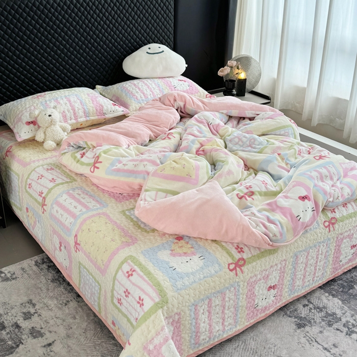 91家纺网 家纺一手货源 找家纺 添越家纺 2025新款简约款牛奶绒床盖四件套 花儿兔