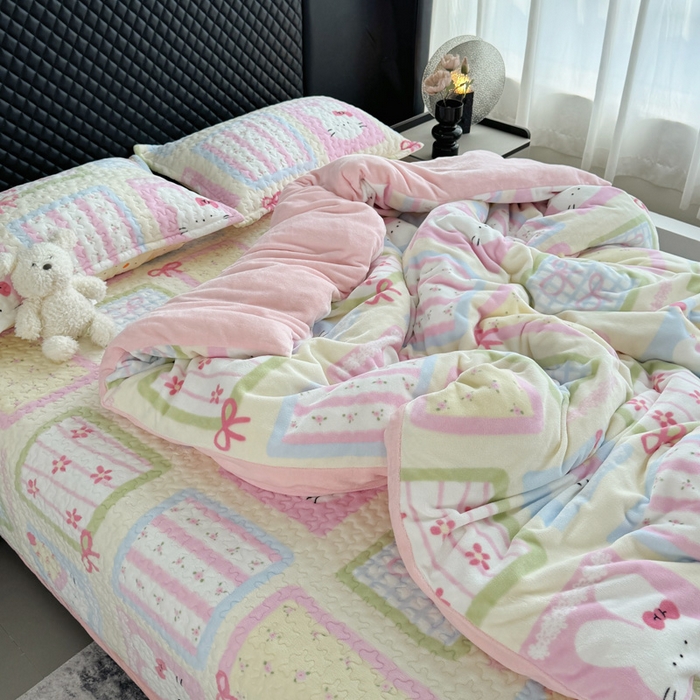 91家纺网 家纺一手货源 找家纺 添越家纺 2025新款简约款牛奶绒床盖四件套 花儿兔