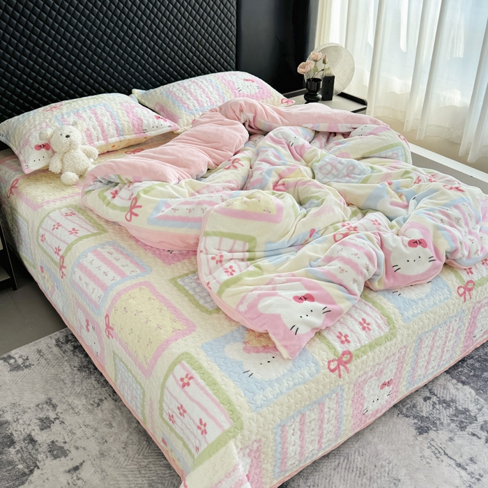 添越家纺 2025新款简约款牛奶绒床盖四件套 花儿兔