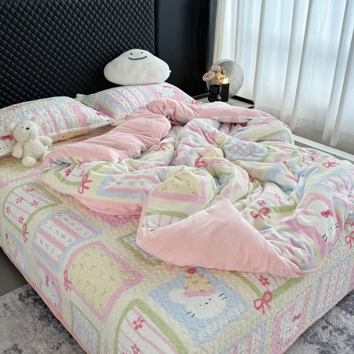 91家纺网 家纺一手货源 找家纺 添越家纺 2025新款简约款牛奶绒床盖四件套 花儿兔