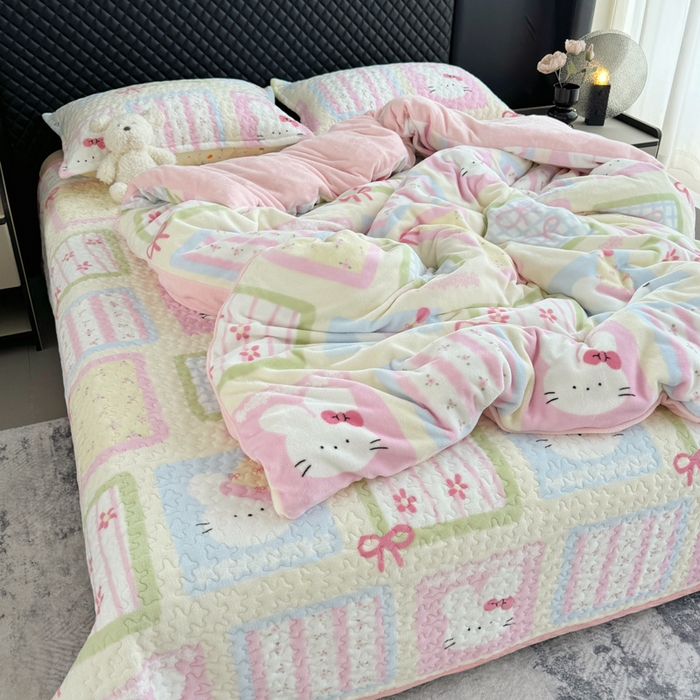 91家纺网 家纺一手货源 找家纺 添越家纺 2025新款简约款牛奶绒床盖四件套 花儿兔