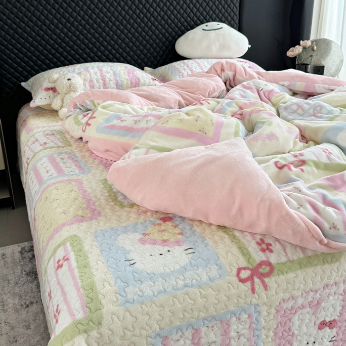 91家纺网 家纺一手货源 找家纺 添越家纺 2025新款简约款牛奶绒床盖四件套 花儿兔