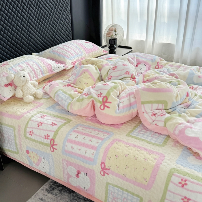 91家纺网 家纺一手货源 找家纺 添越家纺 2025新款简约款牛奶绒床盖四件套 花儿兔