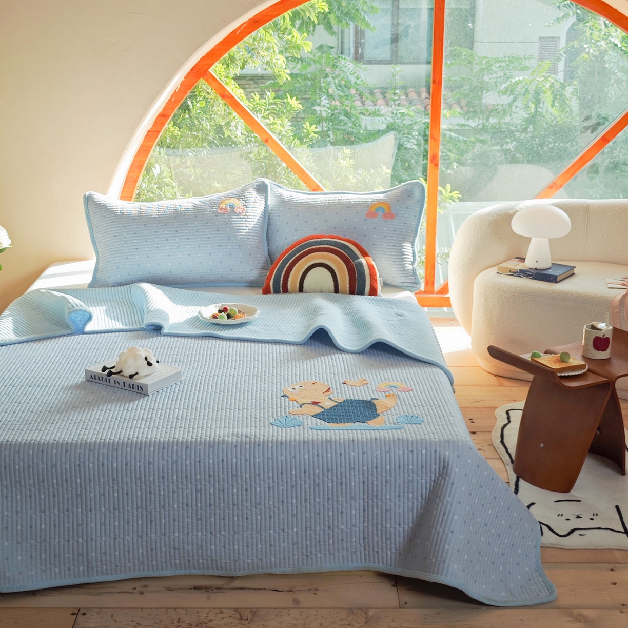 鑫喜莱家纺 2025新款A版纯棉B版牛奶绒床盖毛巾绣系列单件床褥垫软床垫床盖 恐龙呆呆