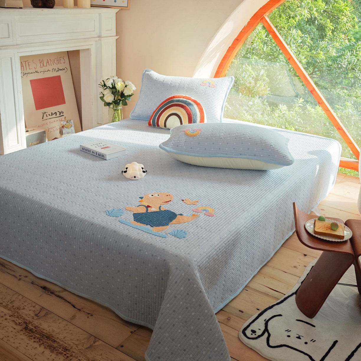 91家纺网 家纺一手货源 找家纺 鑫喜莱家纺 2025新款A版纯棉B版牛奶绒床盖毛巾绣系列单件床褥垫软床垫床盖 恐龙呆呆