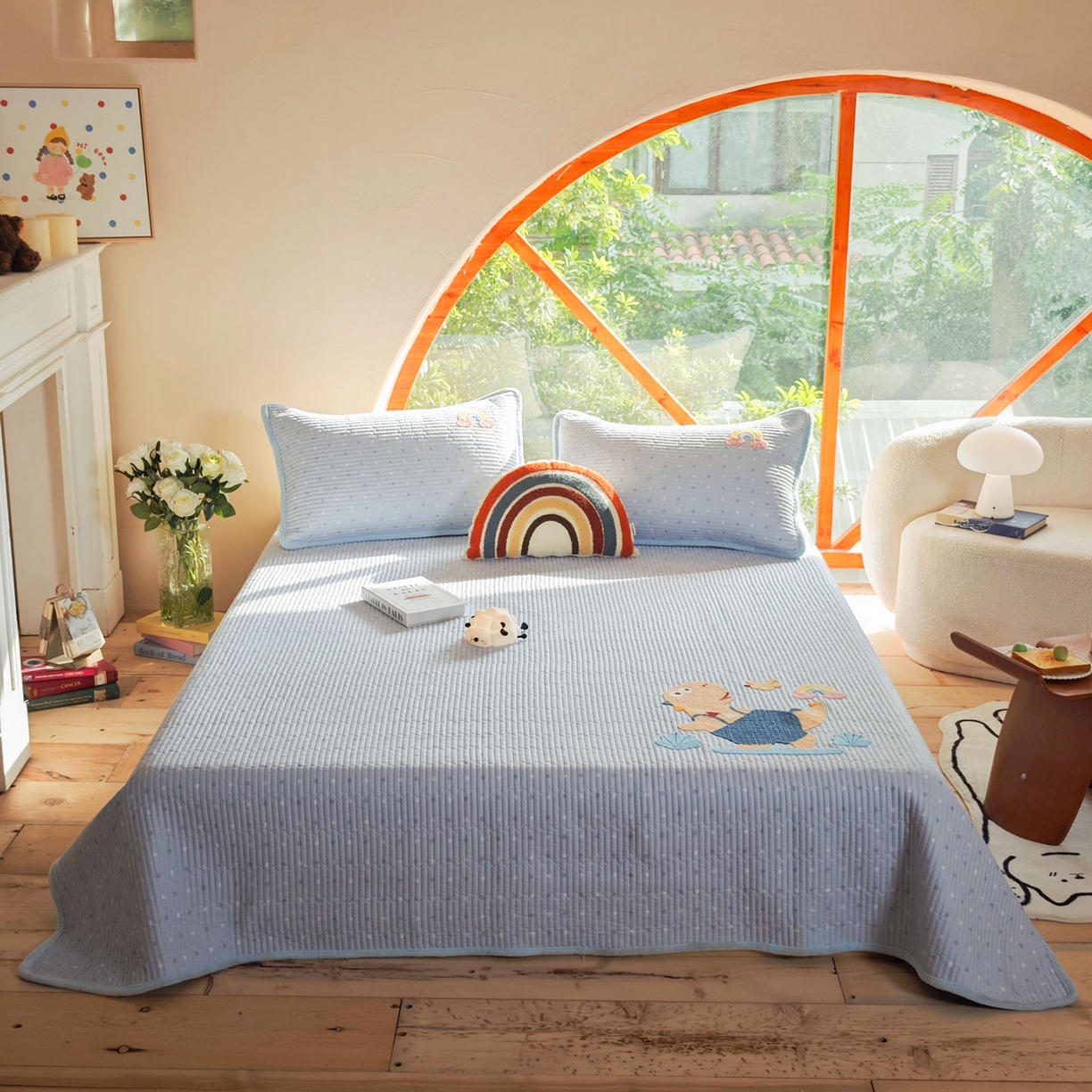 91家纺网 家纺一手货源 找家纺 鑫喜莱家纺 2025新款A版纯棉B版牛奶绒床盖毛巾绣系列单件床褥垫软床垫床盖 恐龙呆呆